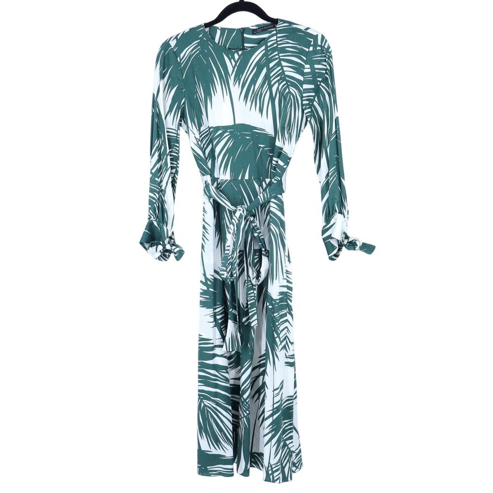 ZARA Palm Tree Midi Dress Ecry Green Belted Long Sleeve Women's S